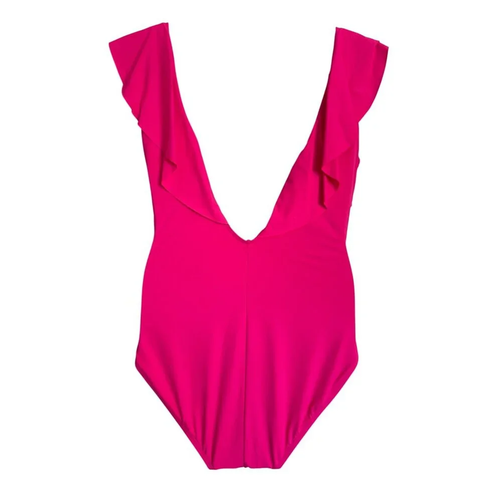 La Blanca Island Goddess Plunge Size 16 Ruffle One Piece Swimsuit Pop Pink NWT $